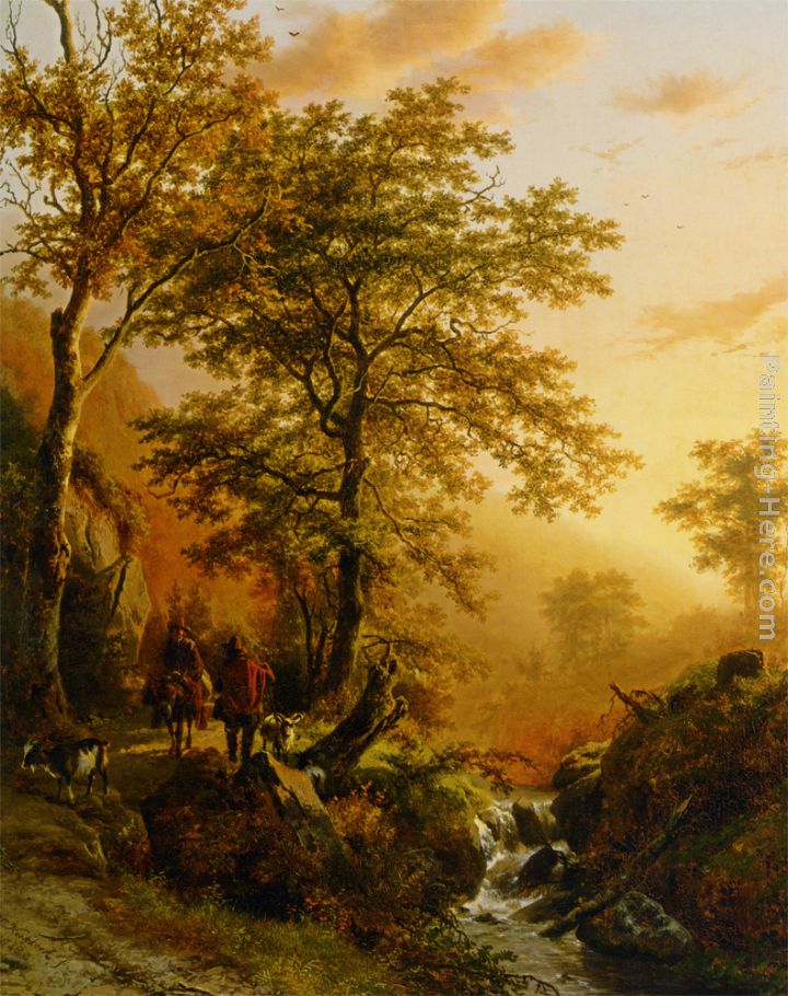 A traveller and a herdsman in a mountainous landscape painting - Barend Cornelis Koekkoek A traveller and a herdsman in a mountainous landscape art painting